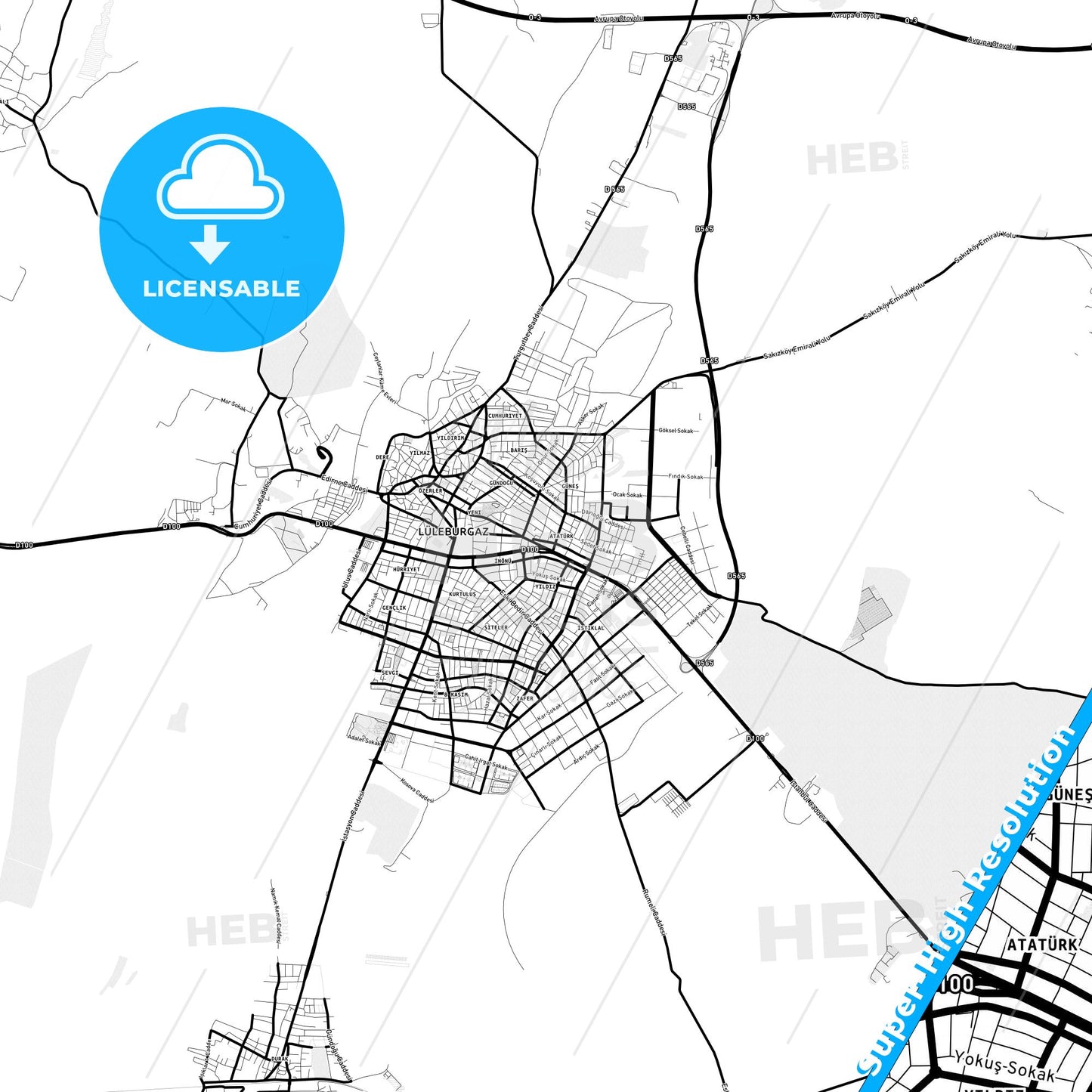 Lüleburgaz, Turkey Light Map with Street Names, City Names, and Districts