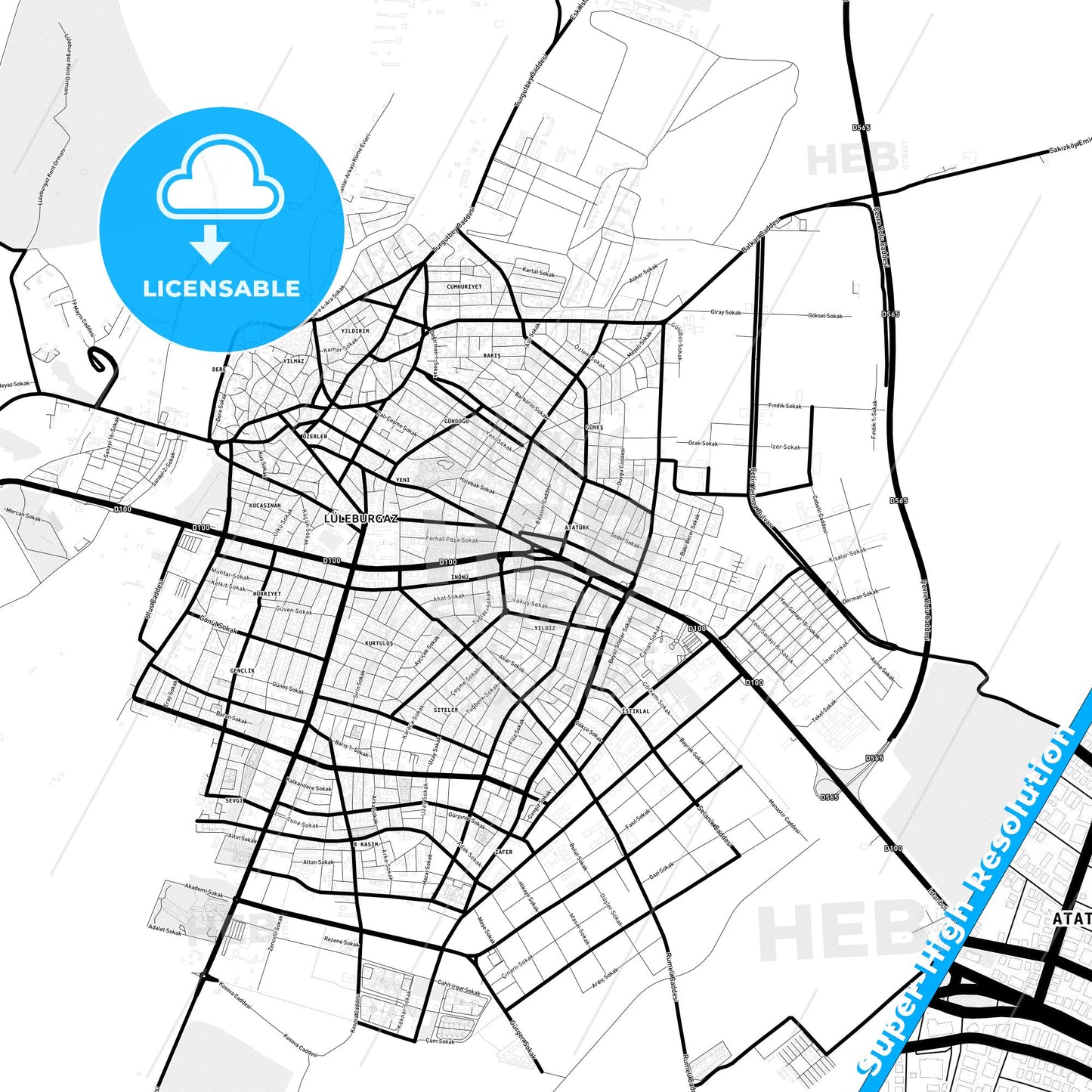 Lüleburgaz, Turkey Light Map with Street Names, City Names, and Districts