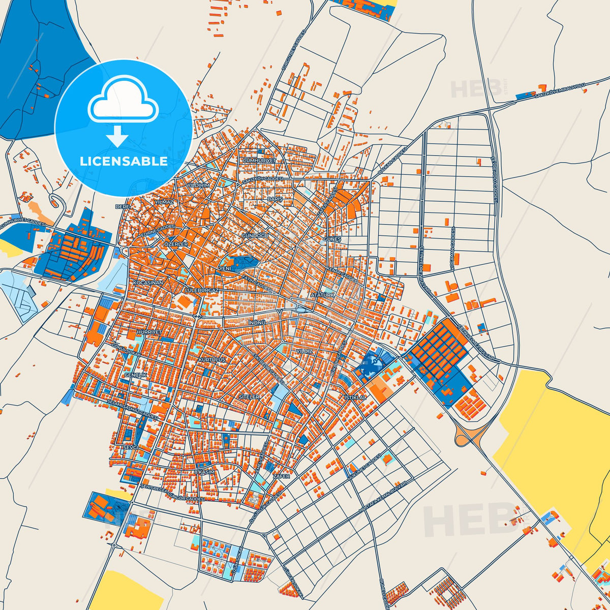 Colorful Lüleburgaz Street Map with Labels and Buildings