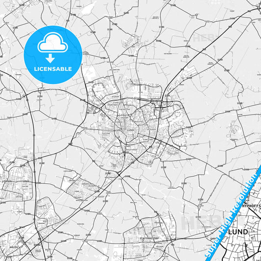 Lund, Sweden light map with streetnames, citynames and districts