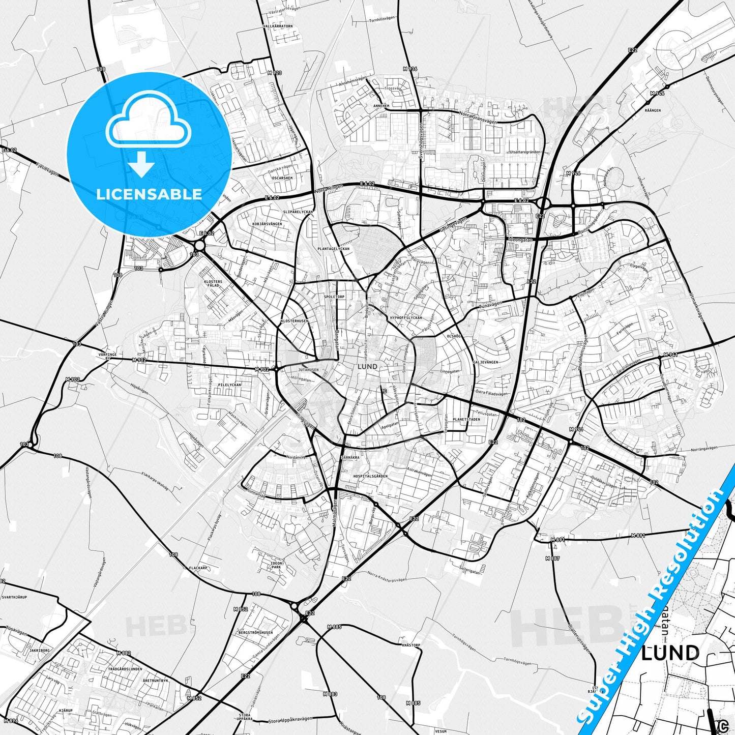 Lund, Sweden Light Map with Street Names, City Names, and Districts