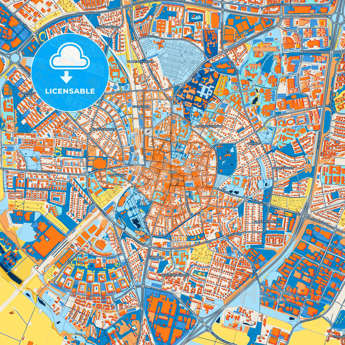 Colorful Lund Street Map with Labels and Buildings