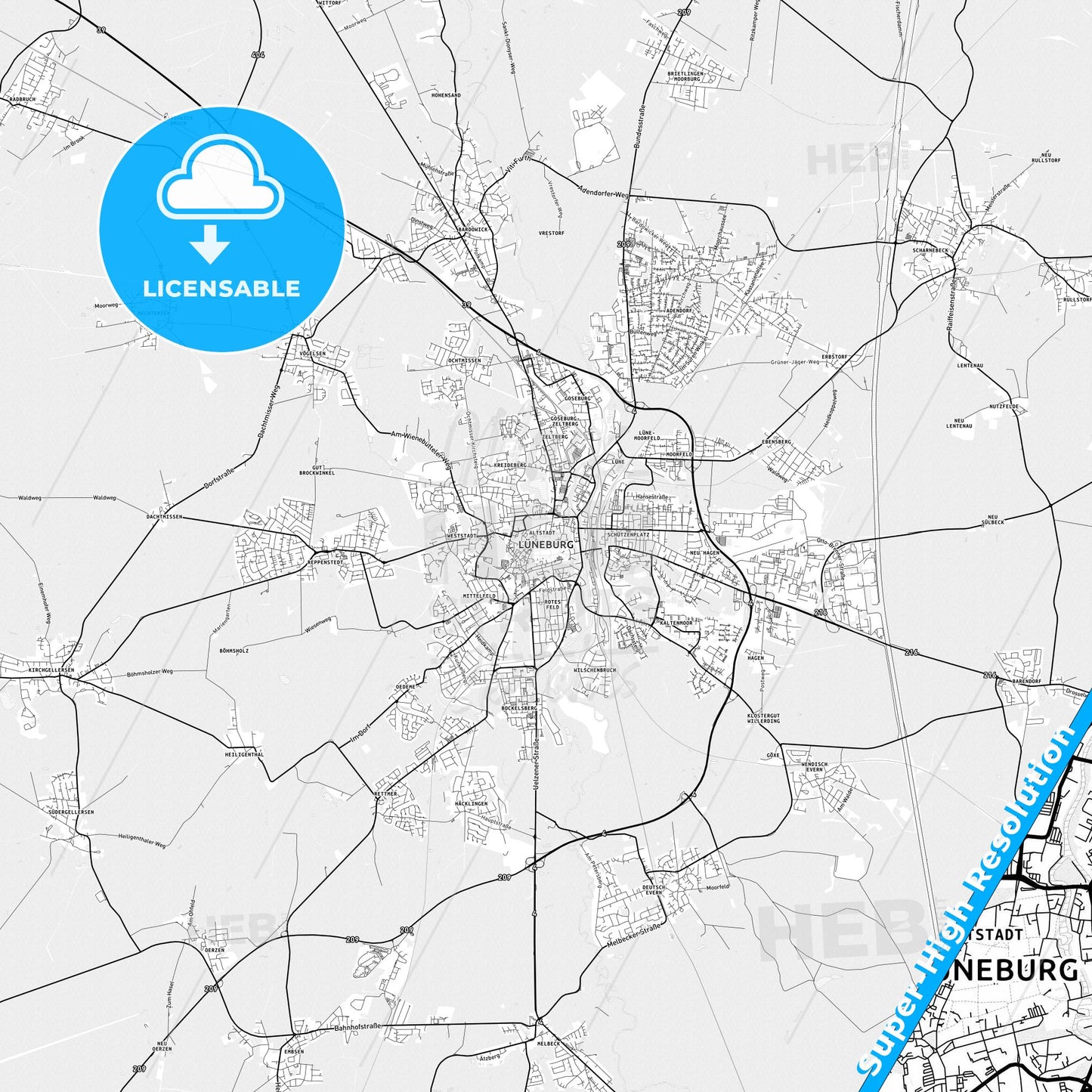 Luneburg, Germany light map with streetnames, citynames and districts
