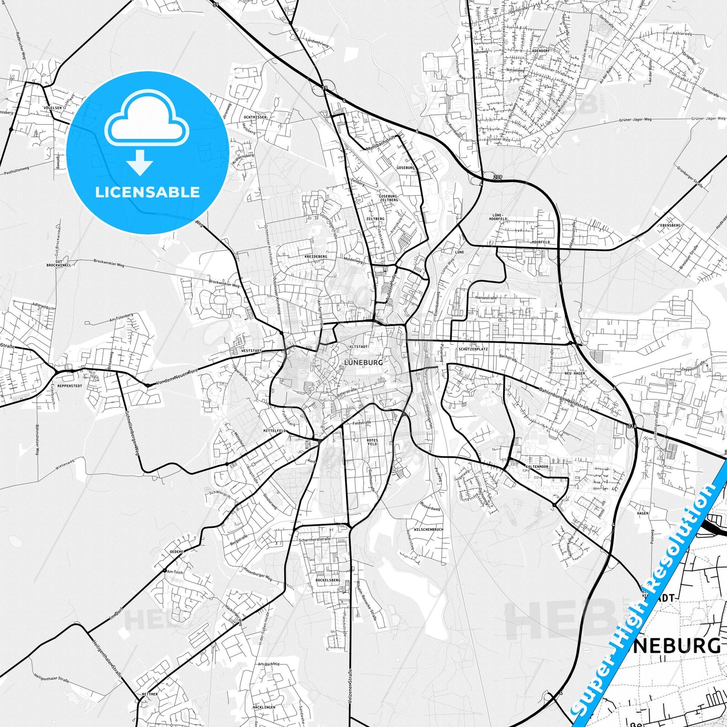 Luneburg, Germany Light Map with Street Names, City Names, and Districts