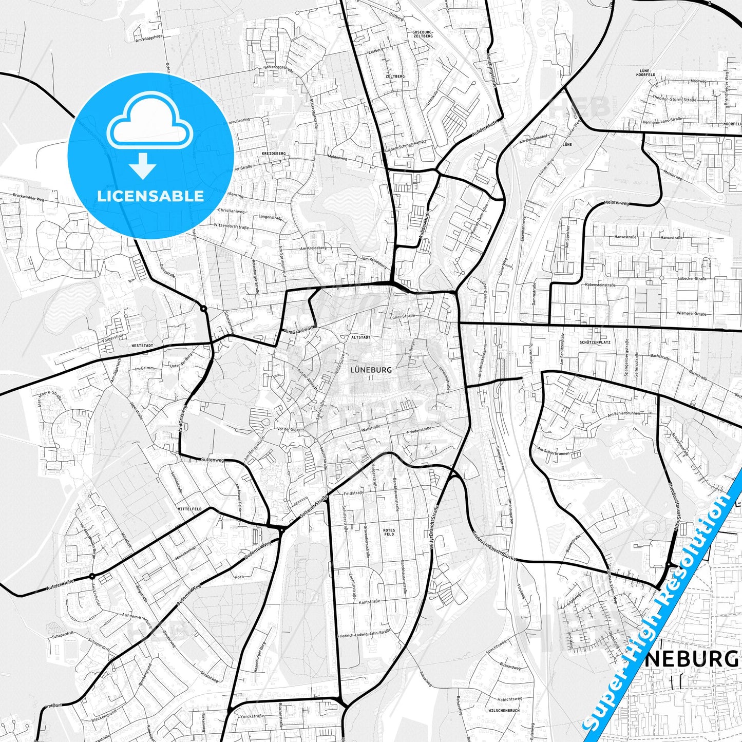 Luneburg, Germany Light Map with Street Names, City Names, and Districts
