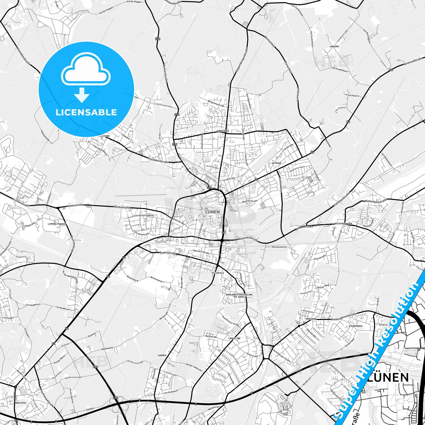 Lunen, Germany Light Map with Street Names, City Names, and Districts