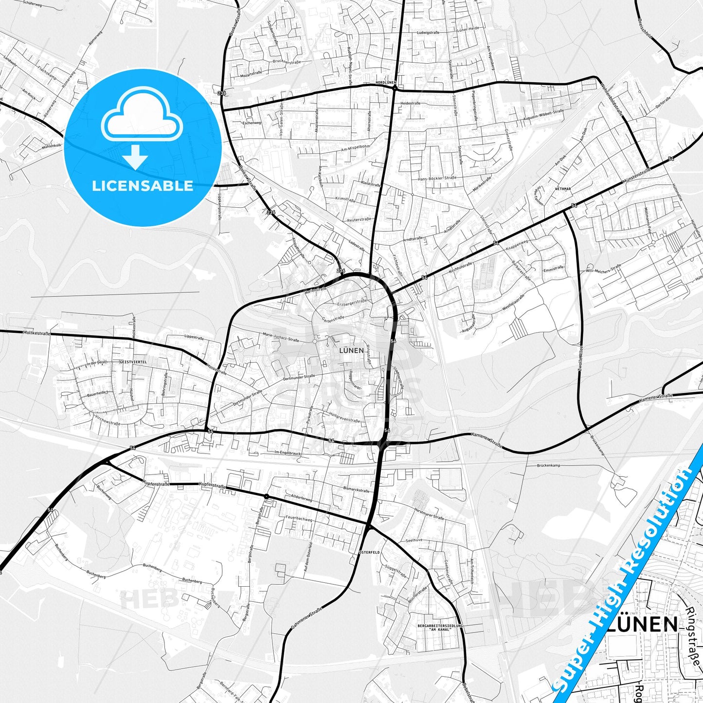 Lunen, Germany Light Map with Street Names, City Names, and Districts