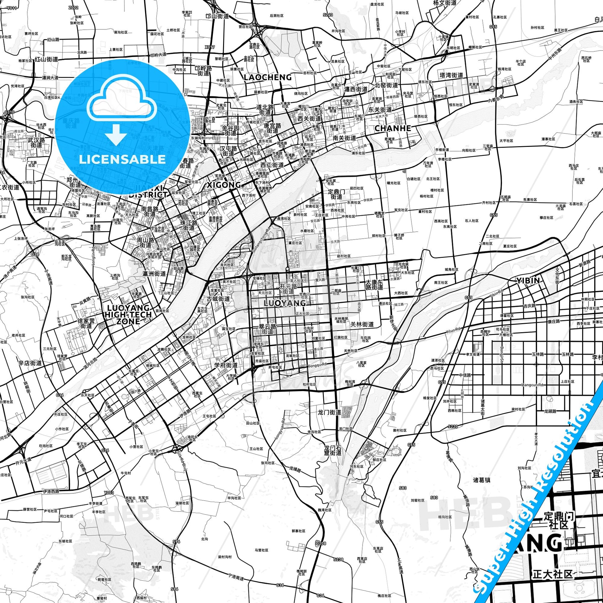 Luoyang, China light map with streetnames, citynames and districts