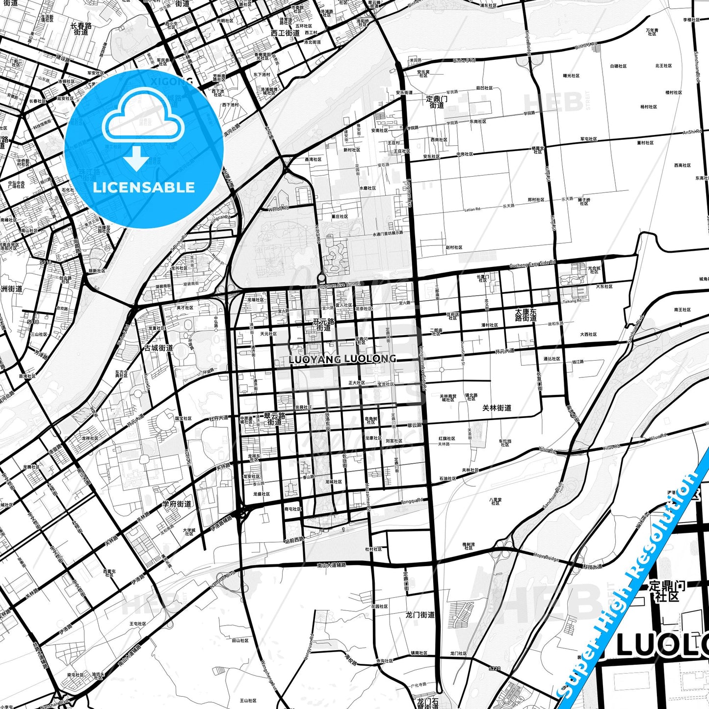 Luoyang, China Light Map with Street Names, City Names, and Districts