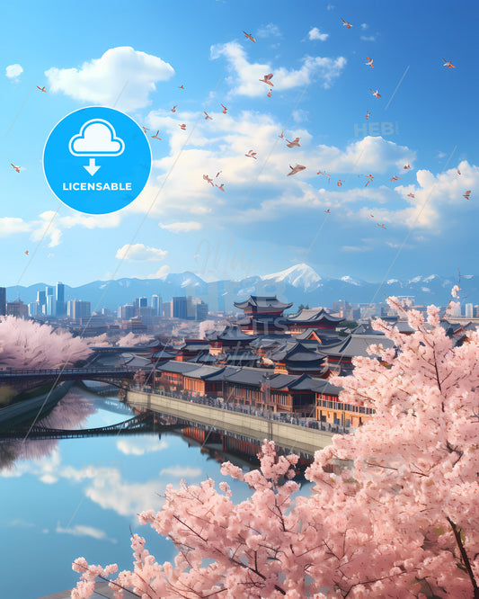 Dramatic Pink Blossom River City Skyline Painting with Intricate Detail and Vibrant Colors