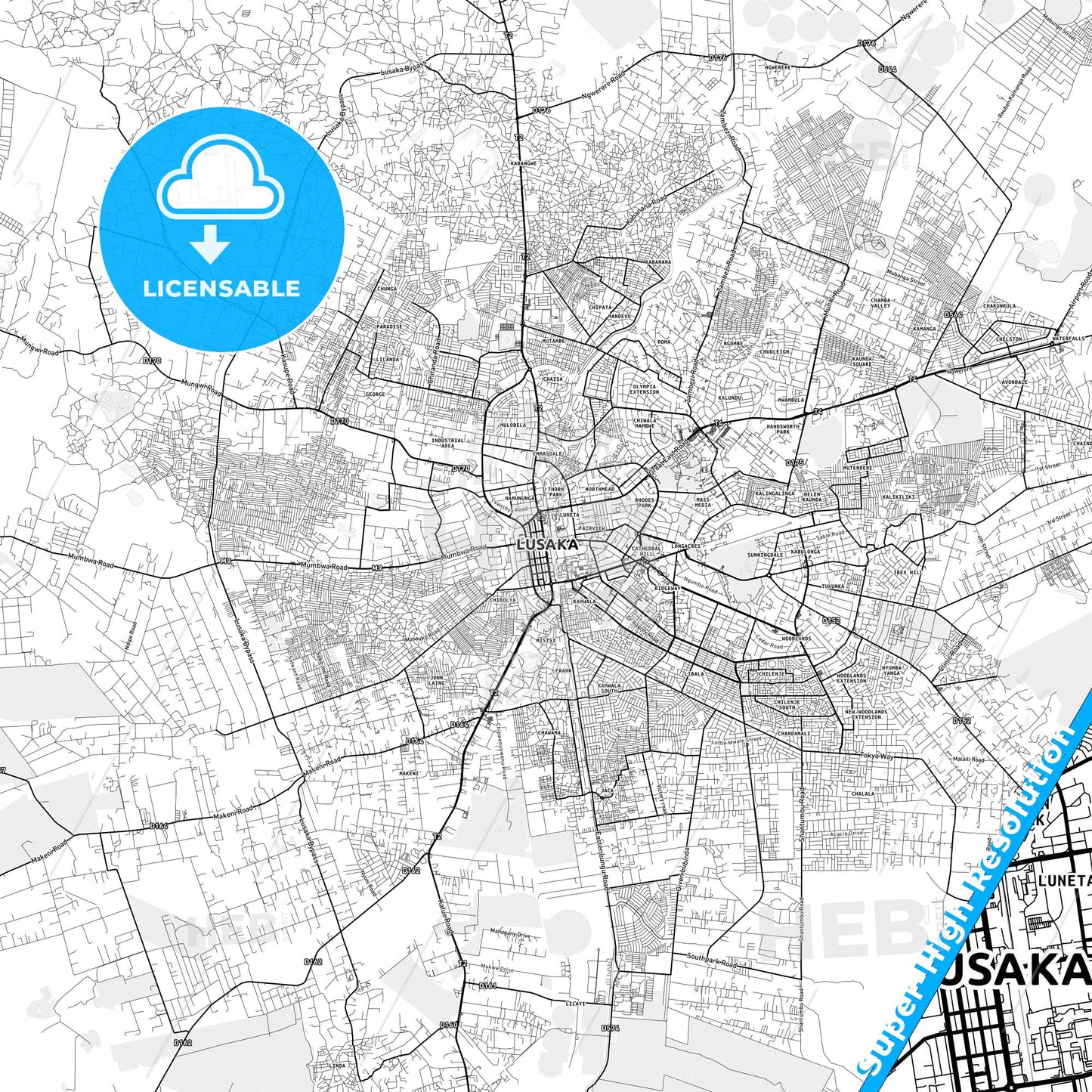 Lusaka, Zambia light map with streetnames, citynames and districts