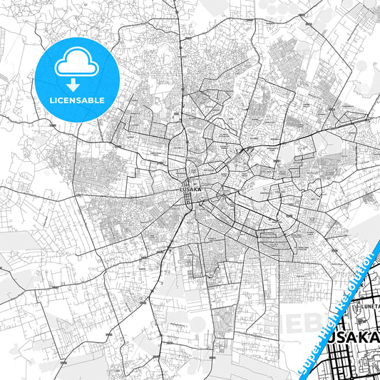 Lusaka, Zambia light map with streetnames, citynames and districts
