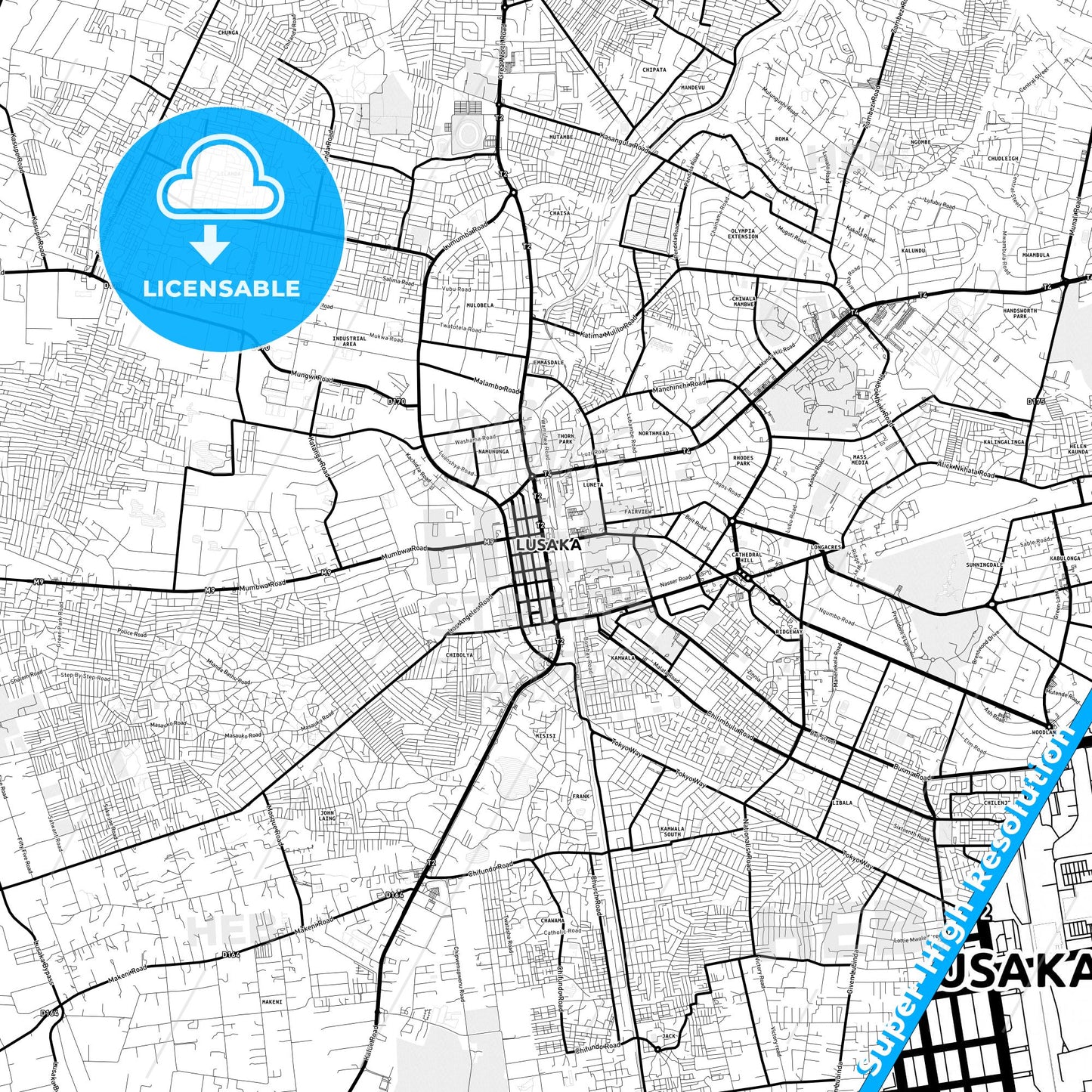 Lusaka, Zambia Light Map with Street Names, City Names, and Districts