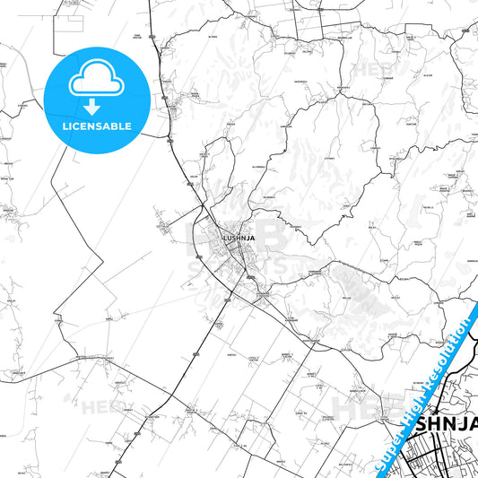 Lushnjë, Albania light map with streetnames, citynames and districts