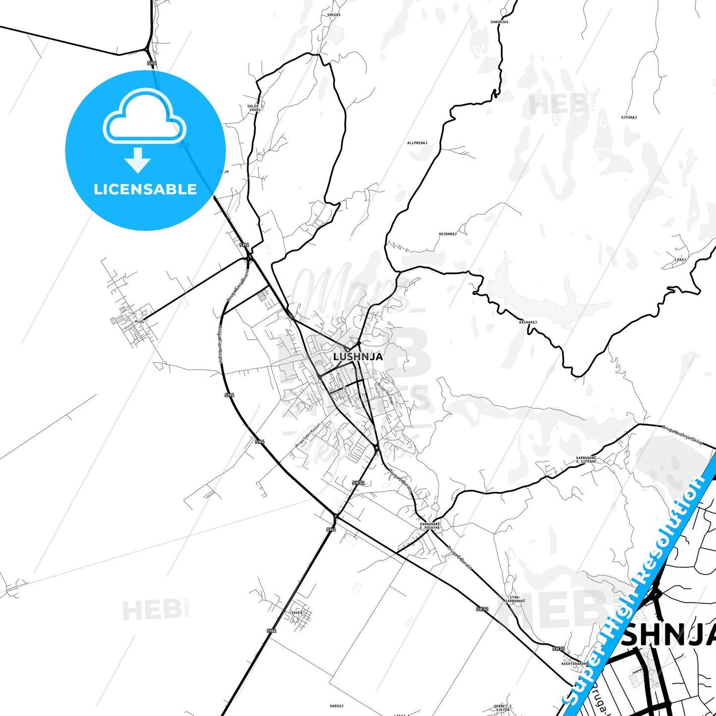 Lushnjë, Albania Light Map with Street Names, City Names, and Districts