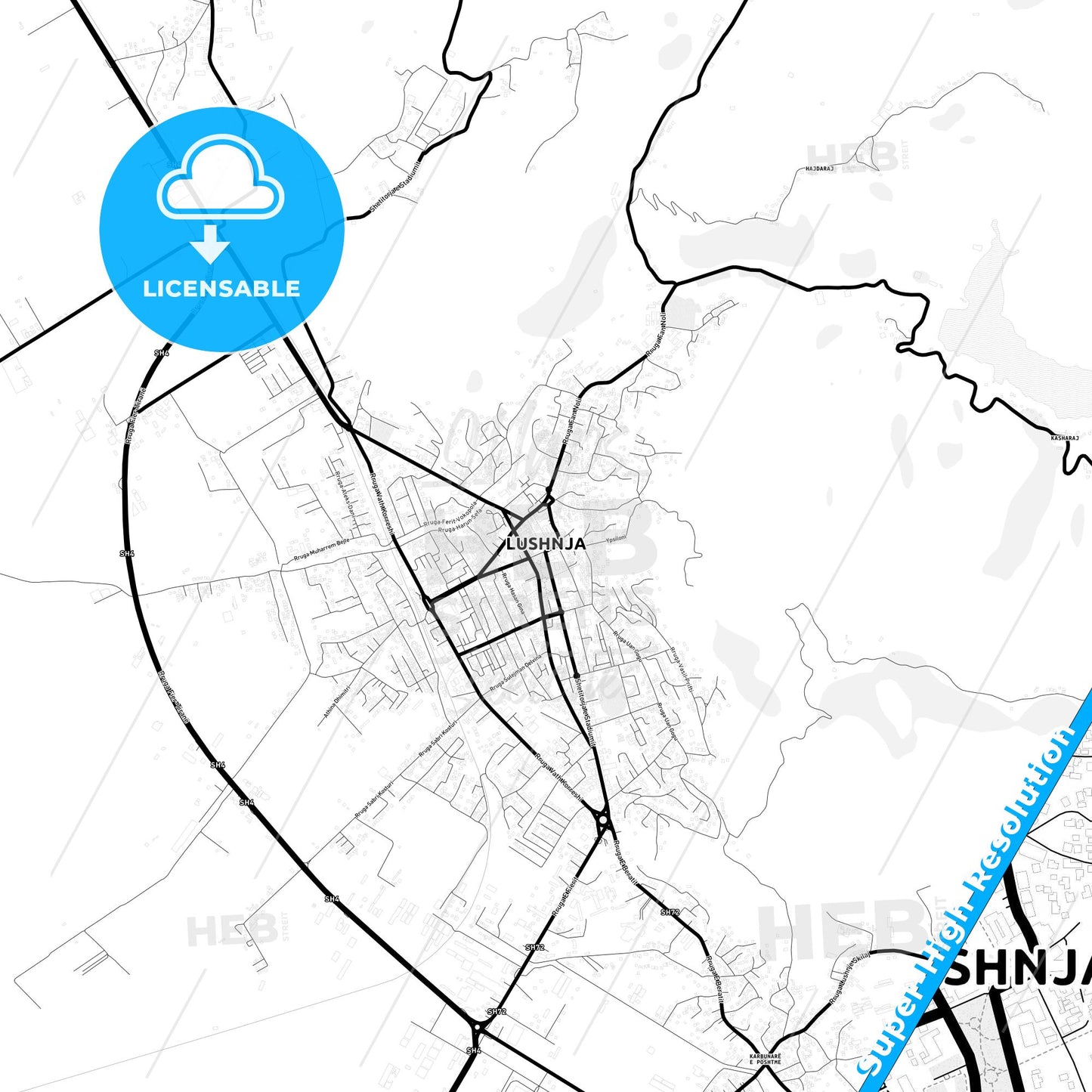 Lushnjë, Albania Light Map with Street Names, City Names, and Districts