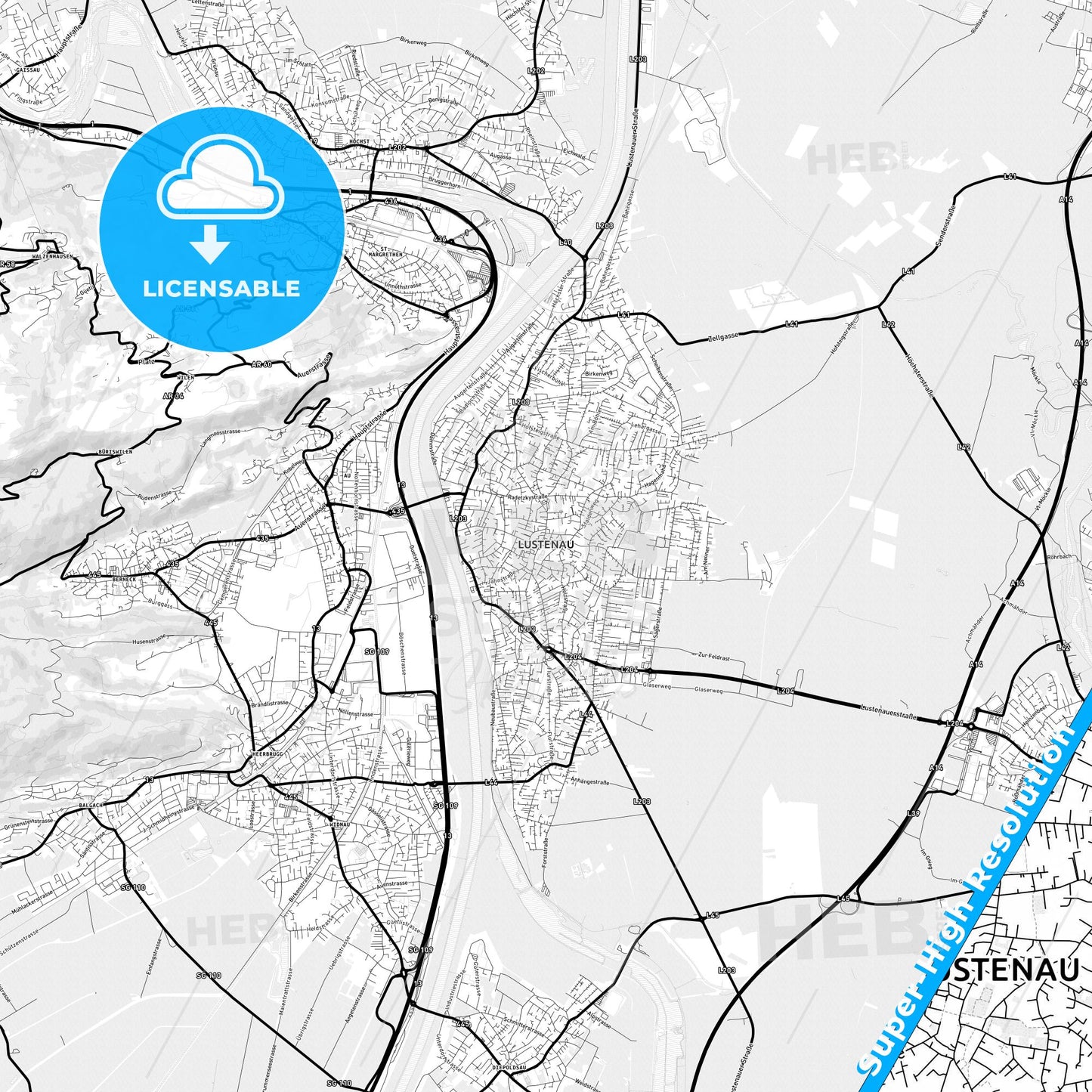 Lustenau, Austria Light Map with Street Names, City Names, and Districts