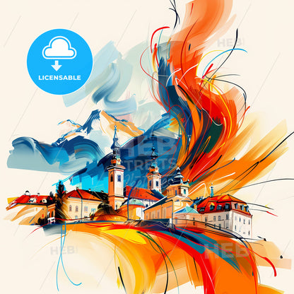 Vibrant Lustenau, Austria - A Painting Of A Town With A Mountain In The Background