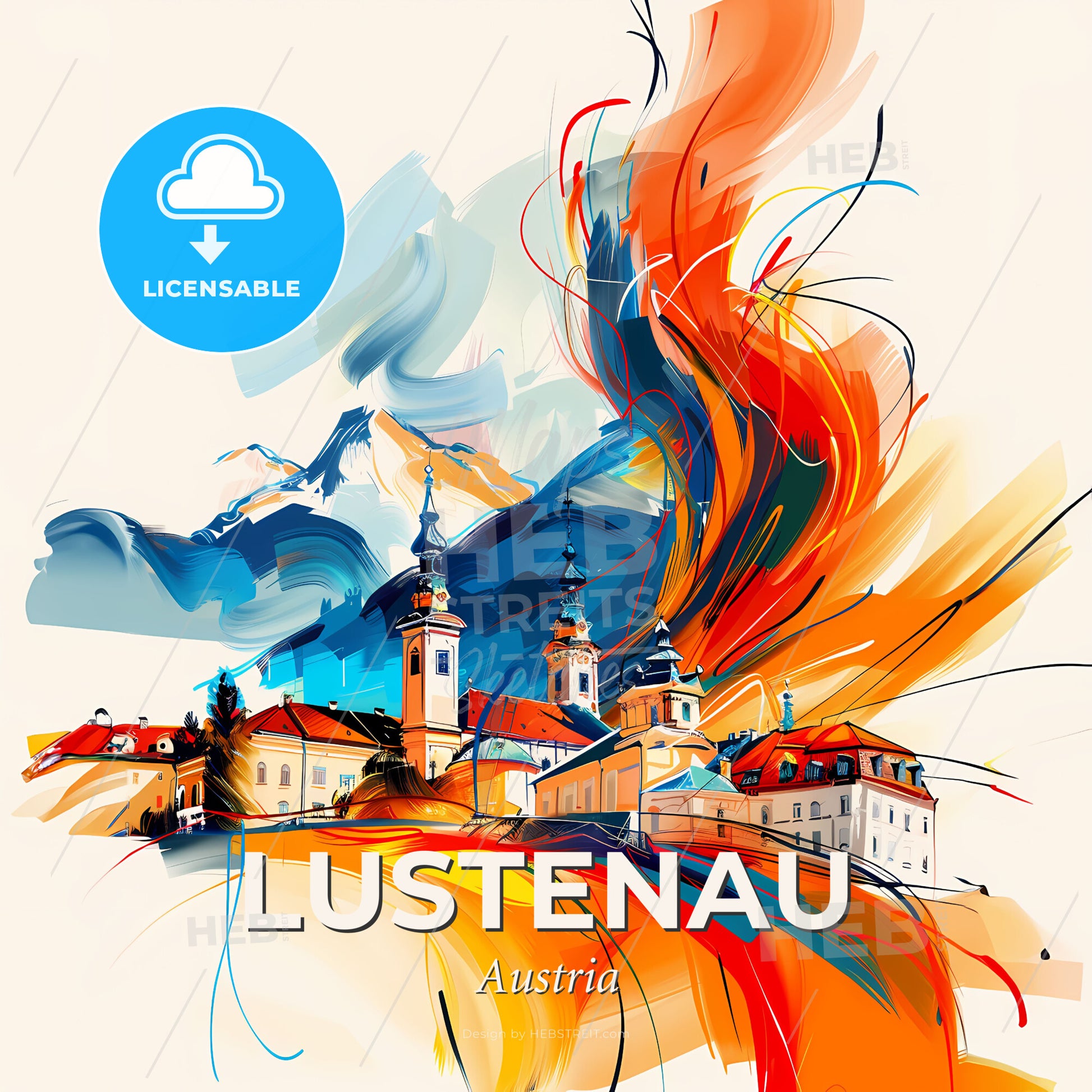 Vibrant Lustenau, Austria - A Painting Of A Town With A Mountain In The Background - Square format print template