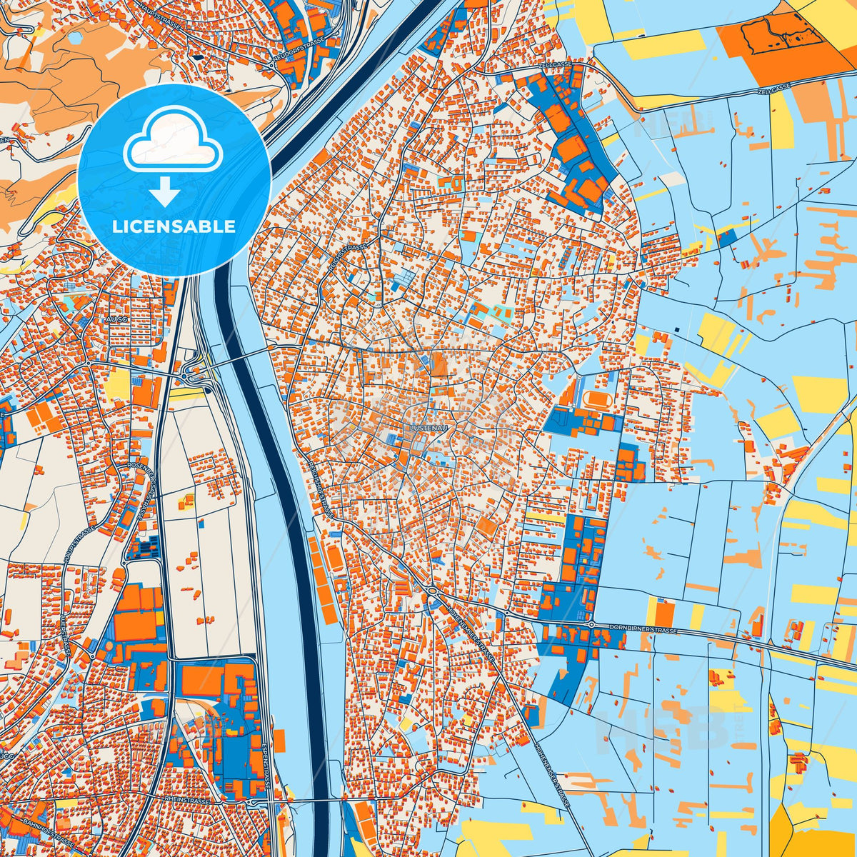 Colorful Lustenau Street Map with Labels and Buildings