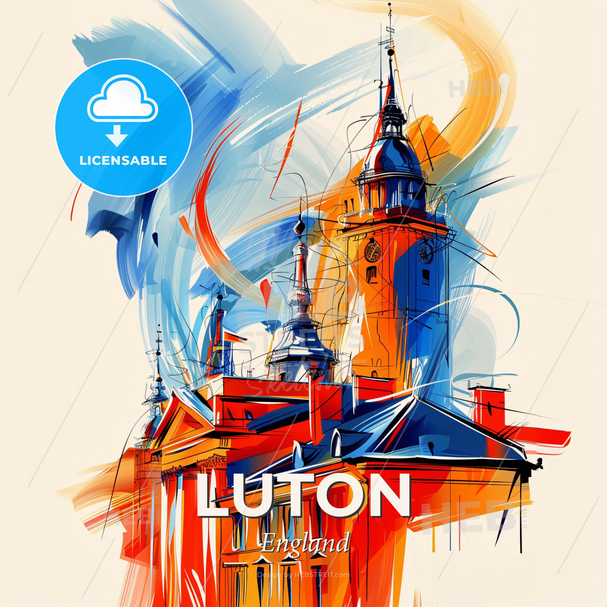 Vibrant Luton, England - A Painting Of A Building With A Tower - Square format print template