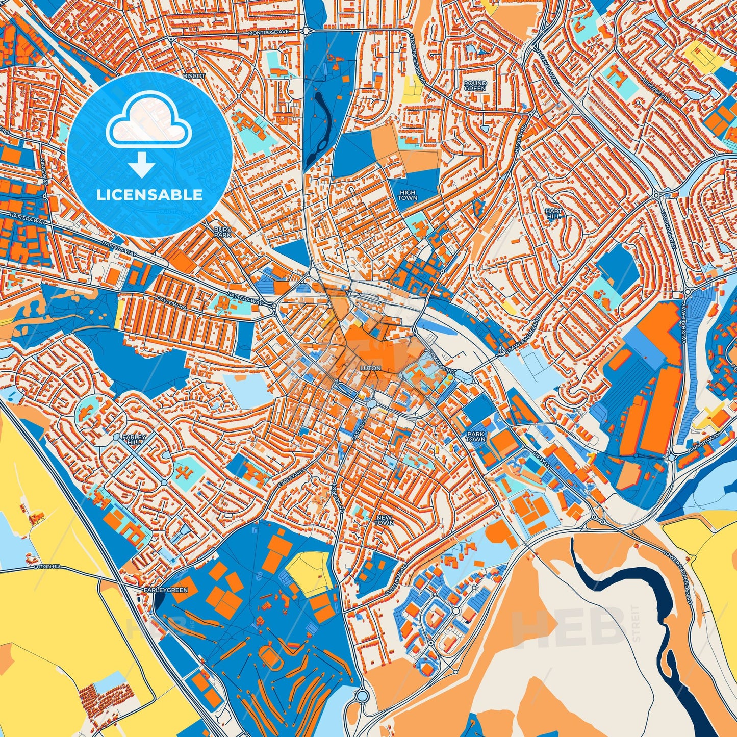 Colorful Luton Street Map with Labels and Buildings