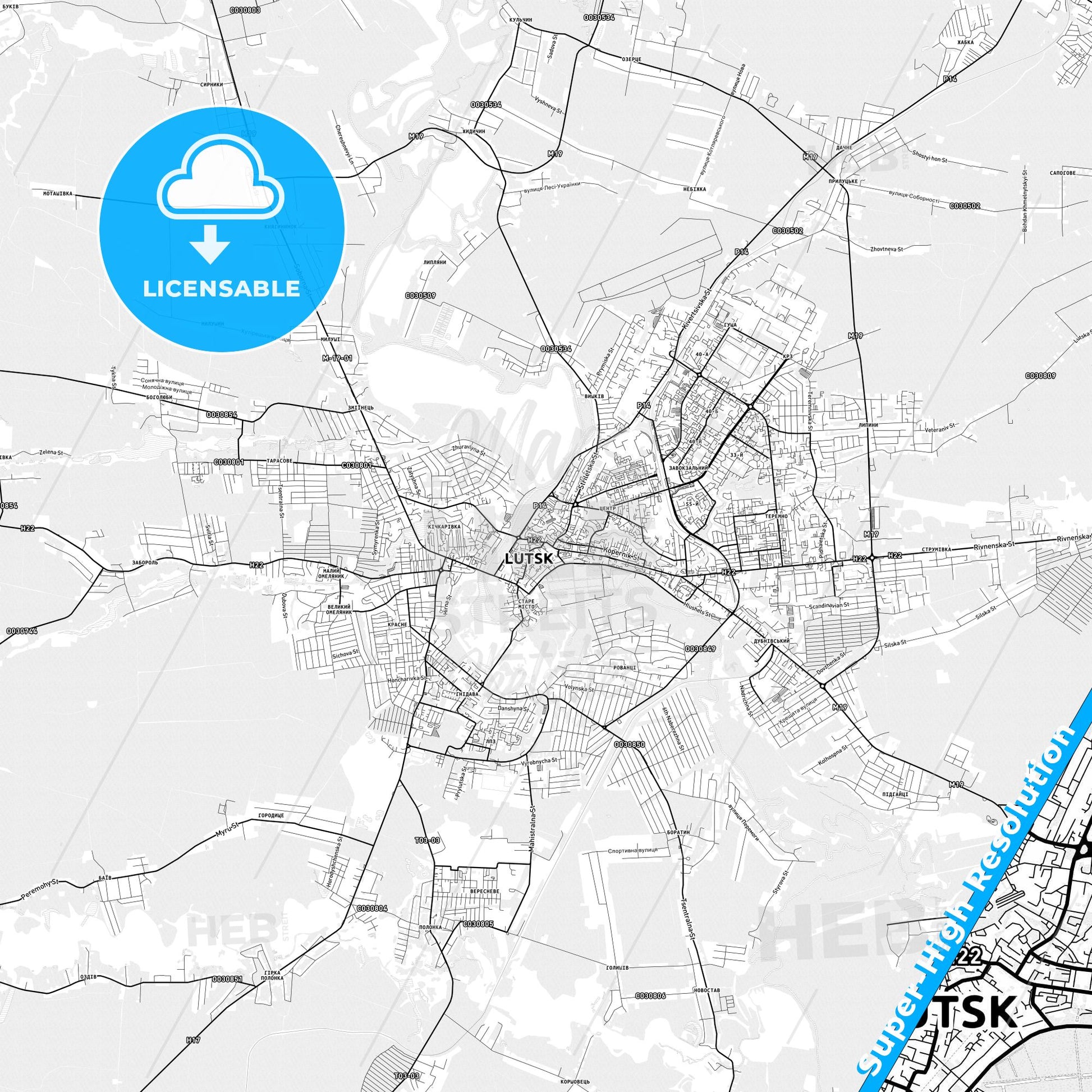 Lutsk, Ukraine light map with streetnames, citynames and districts