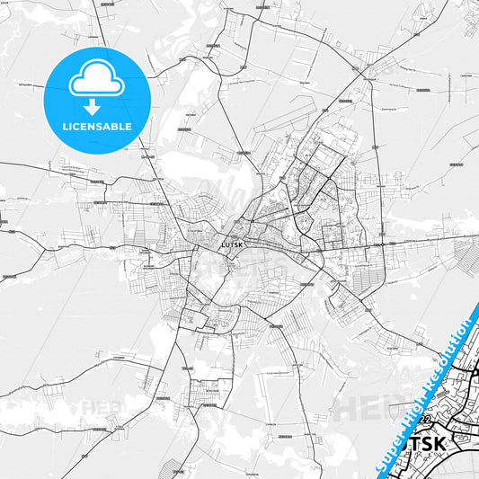 Lutsk, Ukraine light map with streetnames, citynames and districts