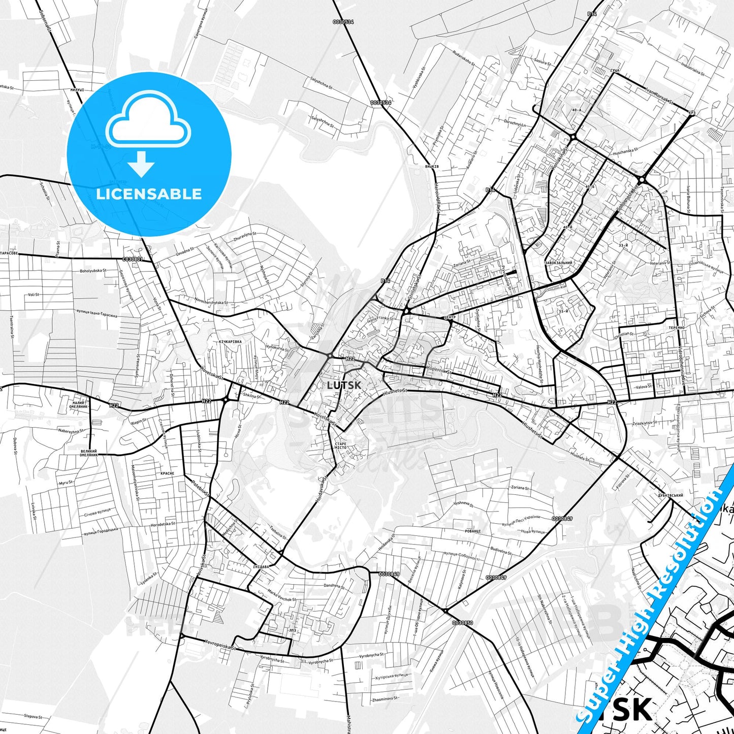 Lutsk, Ukraine Light Map with Street Names, City Names, and Districts