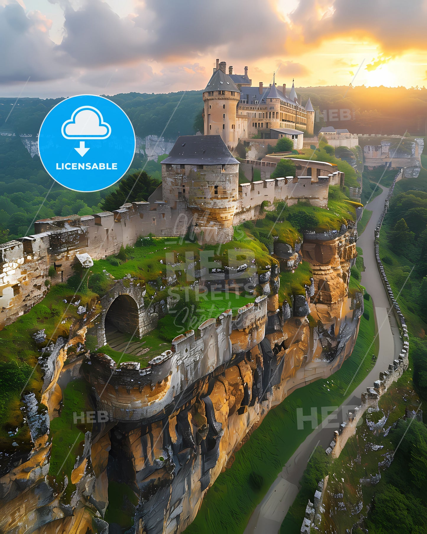 Vibrant Painting Depicting a Scenic Castle on a Cliff in Luxembourg, Europe
