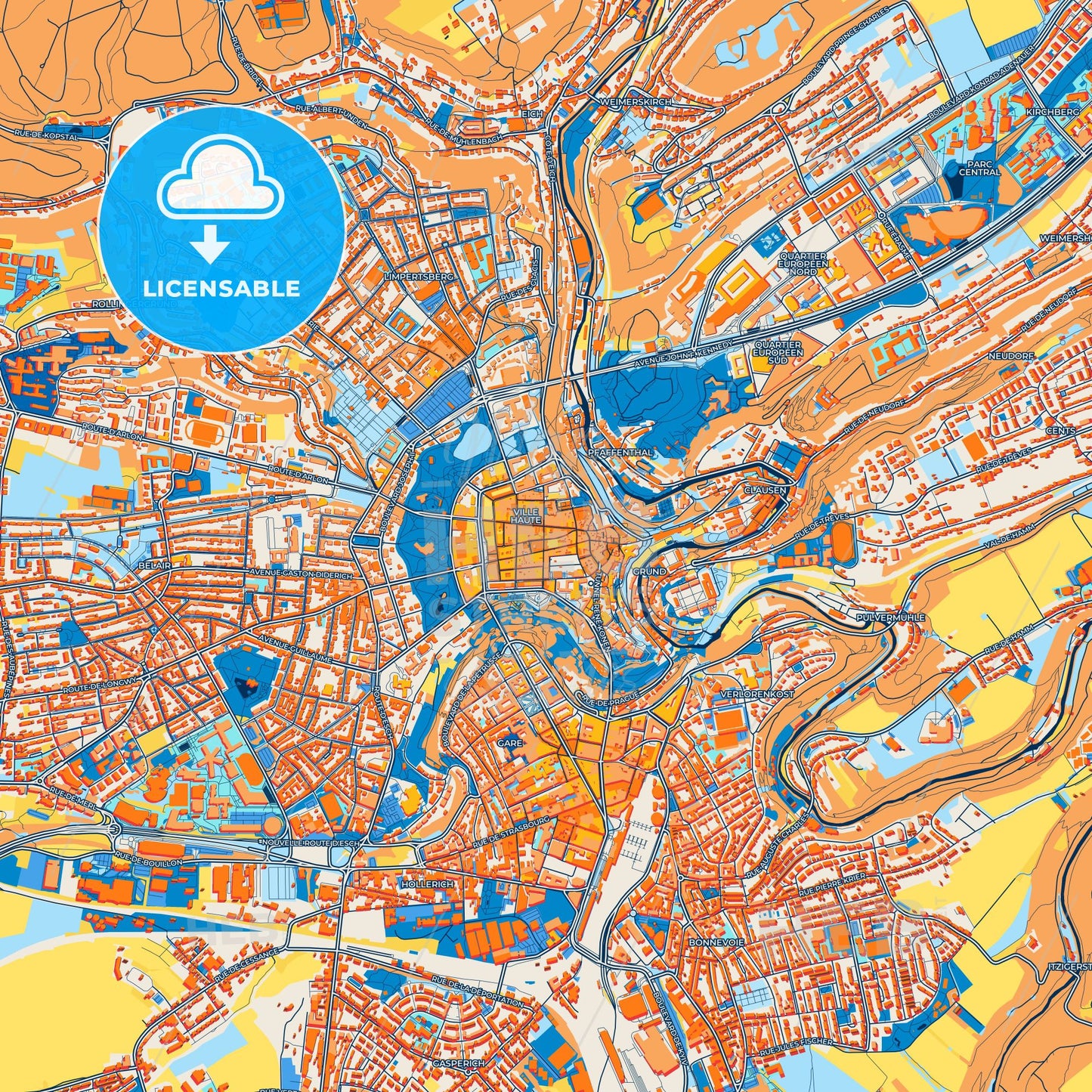 Colorful Luxembourg City Street Map with Labels and Buildings