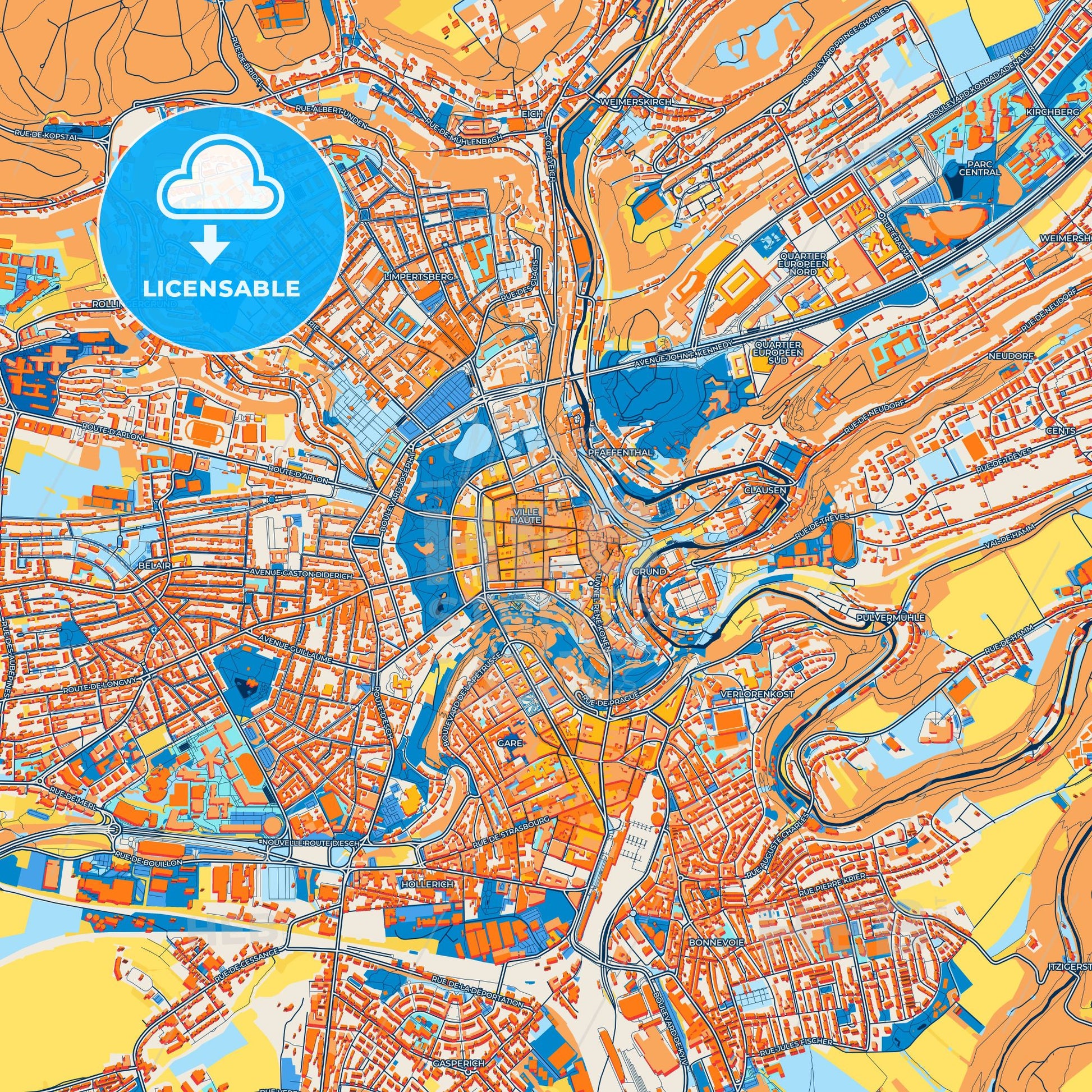 Colorful Luxembourg City Street Map with Labels and Buildings