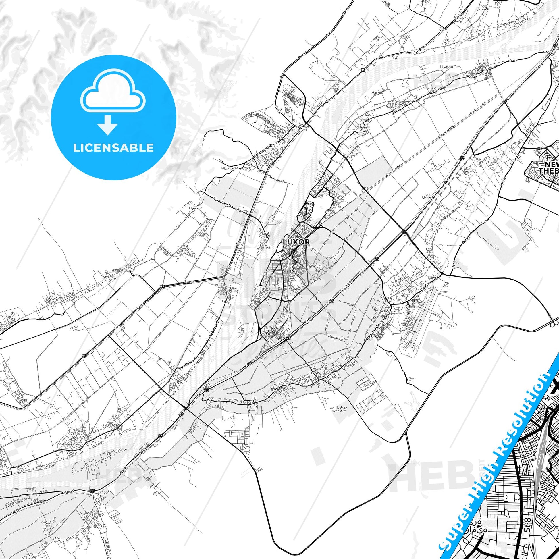 Luxor, Egypt light map with streetnames, citynames and districts