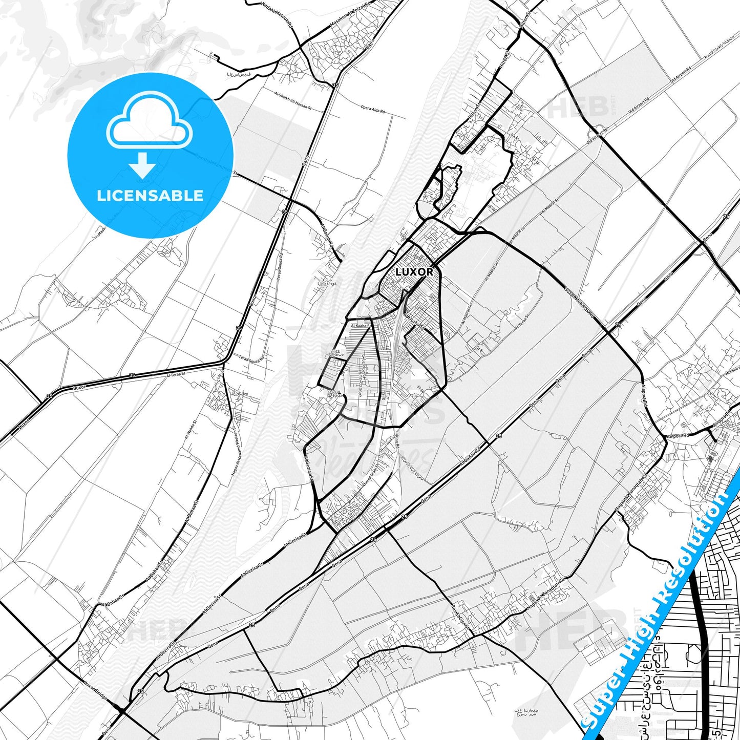 Luxor, Egypt Light Map with Street Names, City Names, and Districts