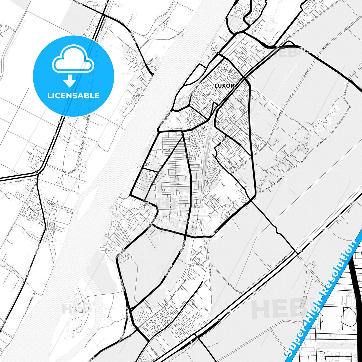 Luxor, Egypt Light Map with Street Names, City Names, and Districts