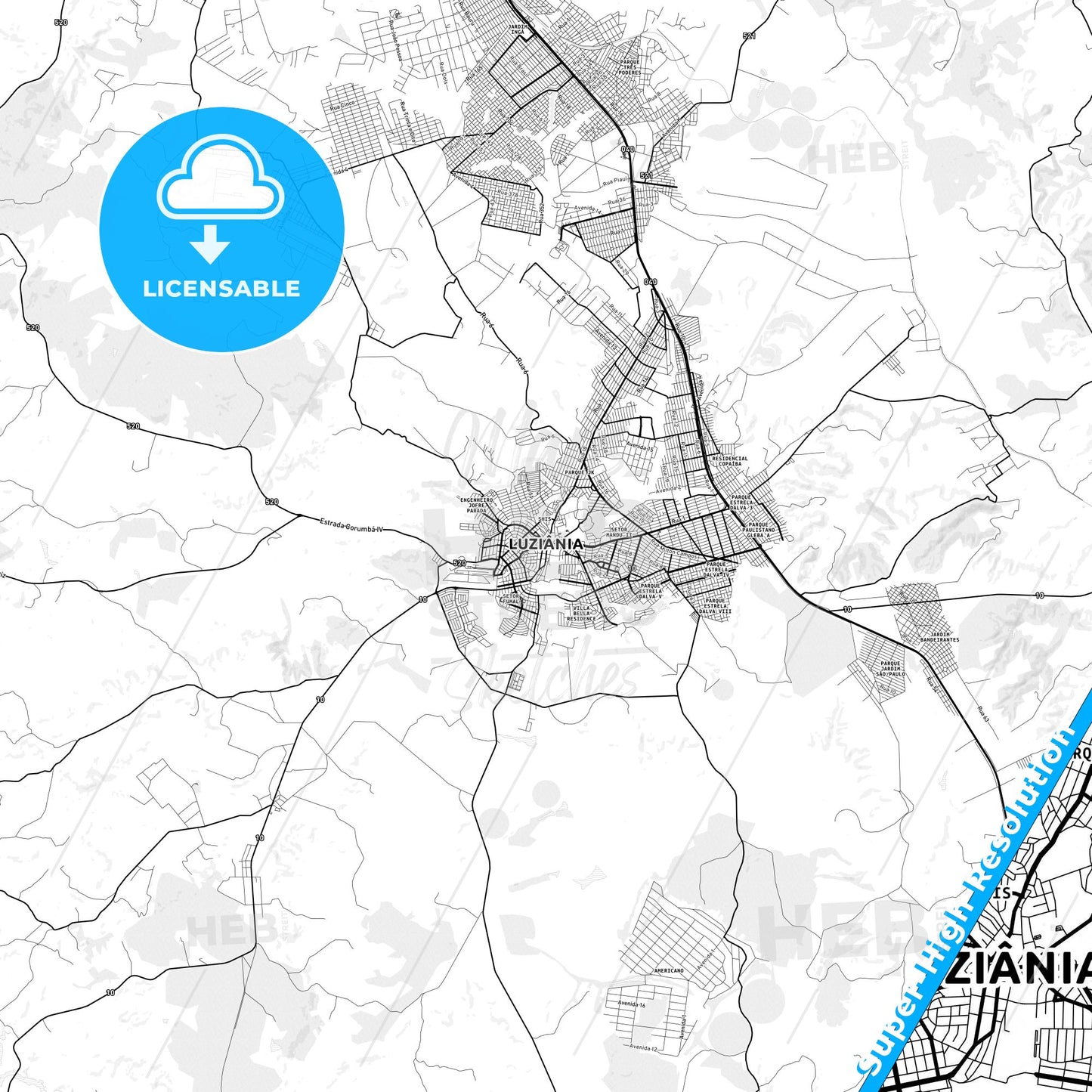 Luziania, Brazil light map with streetnames, citynames and districts