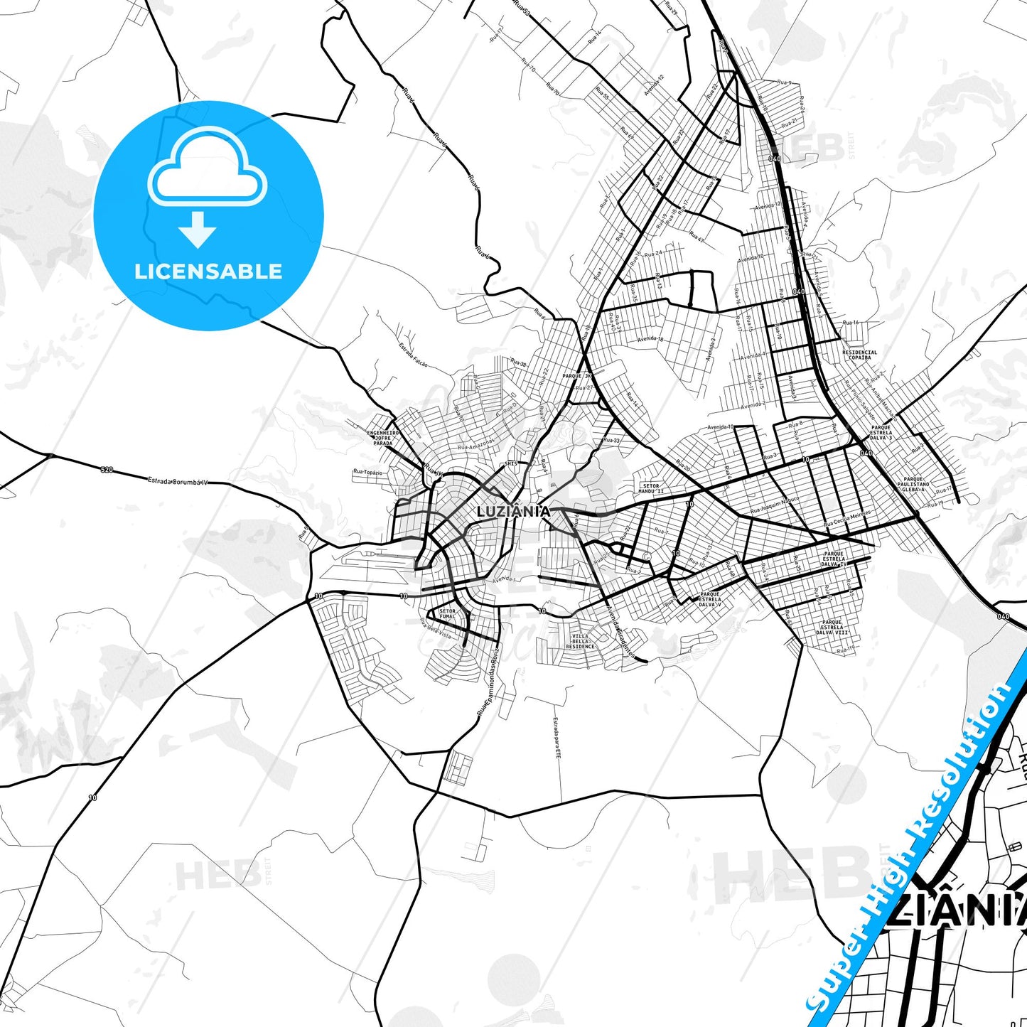 Luziania, Brazil Light Map with Street Names, City Names, and Districts