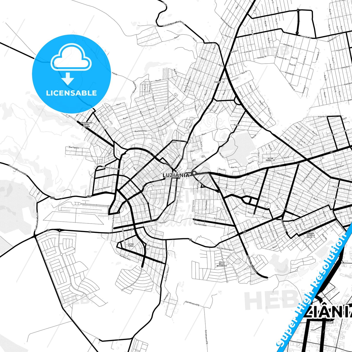 Luziania, Brazil Light Map with Street Names, City Names, and Districts