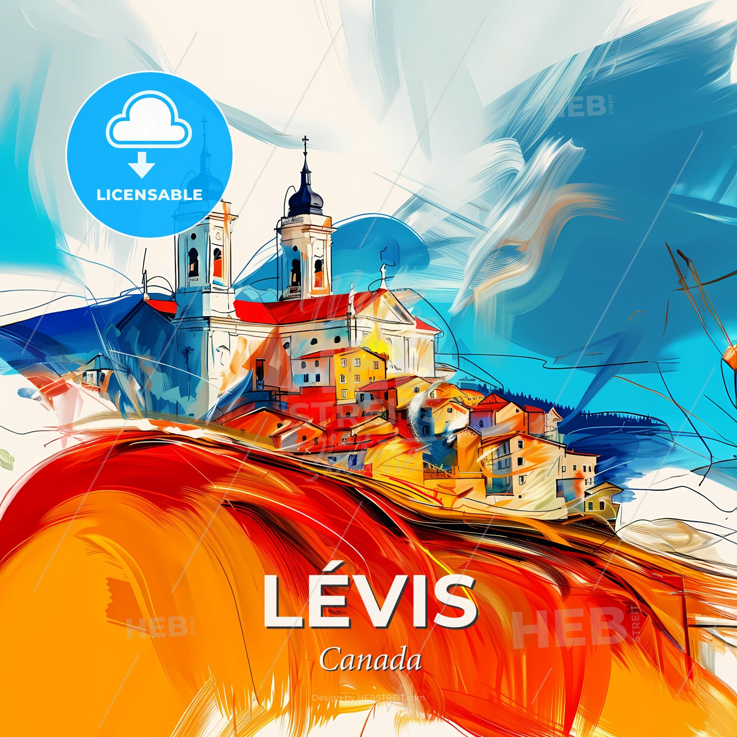 Vibrant Lévis, Canada - A Painting Of A Town With A Building And A Red And Blue Sky - Square format print template