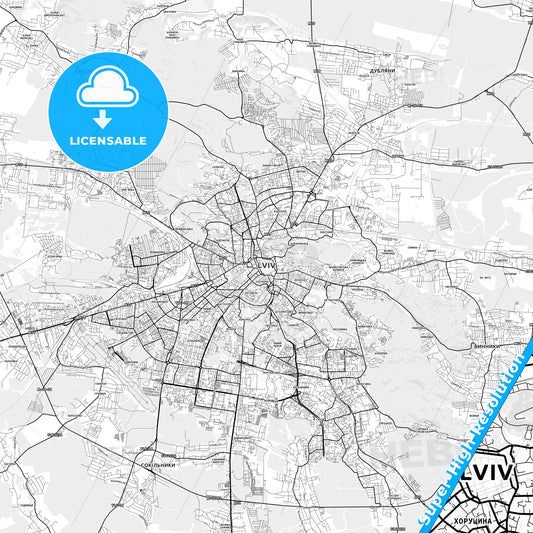 Lviv, Ukraine light map with streetnames, citynames and districts