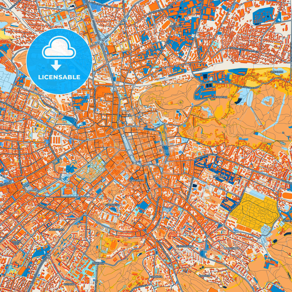 Colorful Lviv Street Map with Labels and Buildings