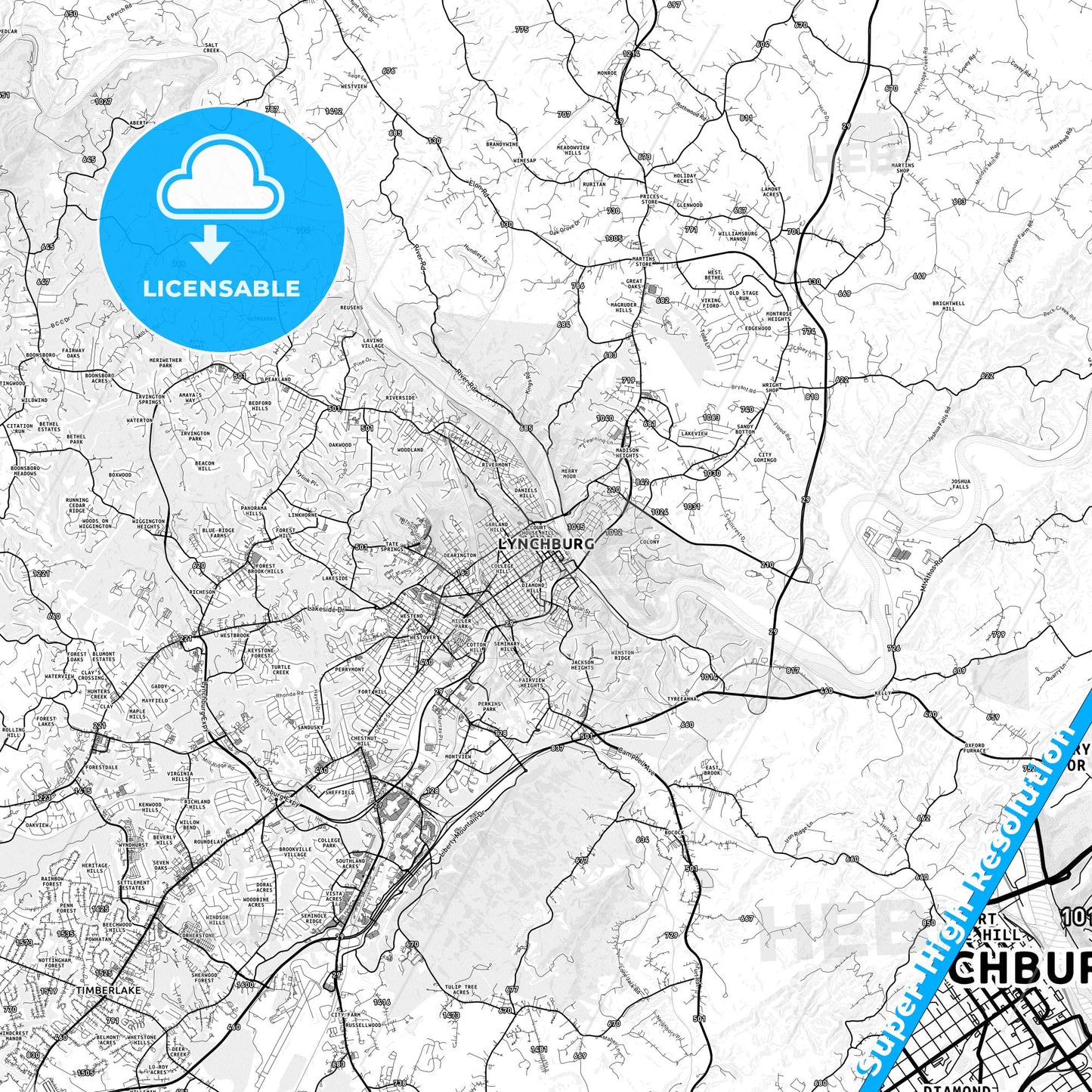 Lynchburg, Virginia light map with streetnames, citynames and districts