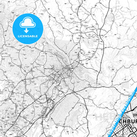 Lynchburg, Virginia light map with streetnames, citynames and districts