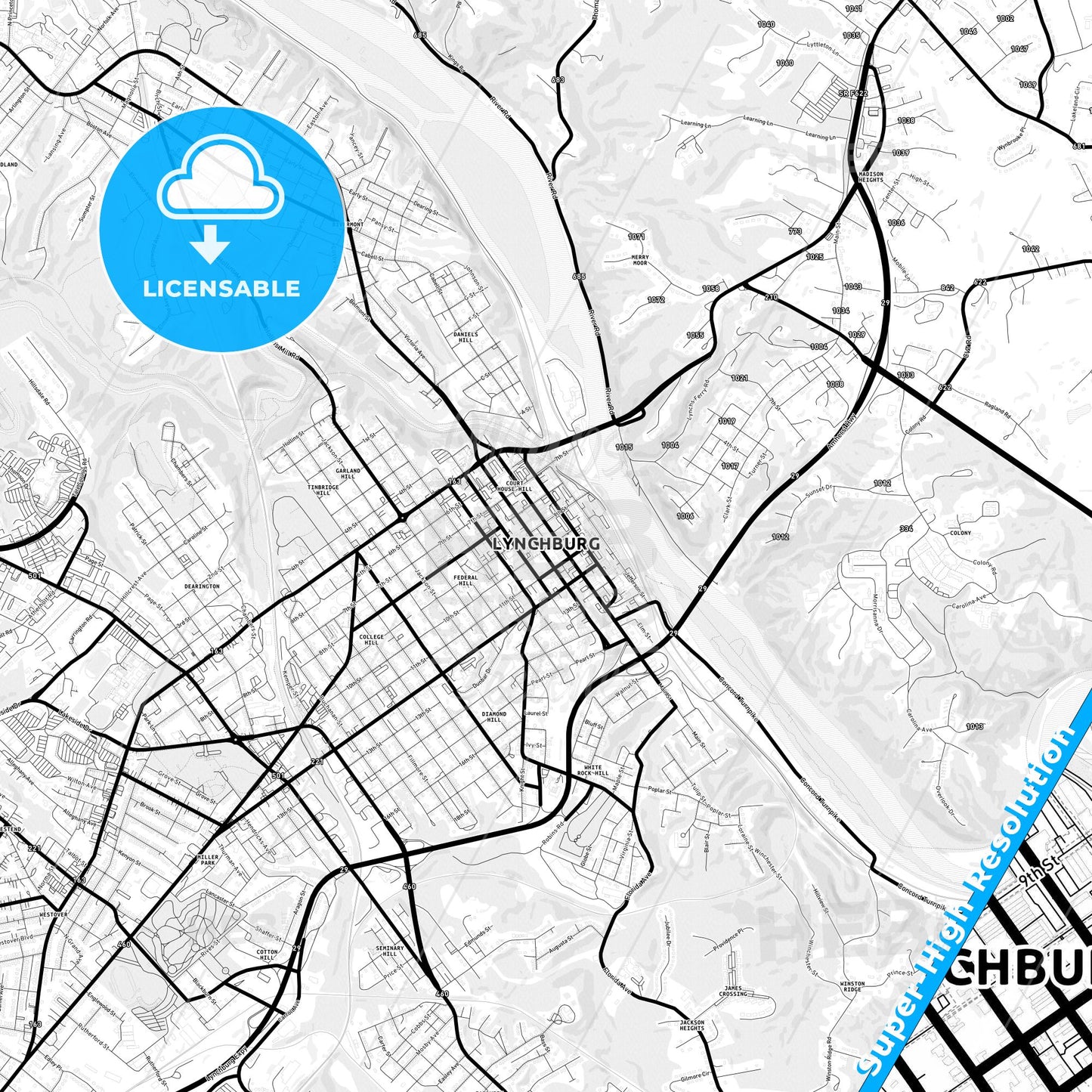 Lynchburg, Virginia Light Map with Street Names, City Names, and Districts
