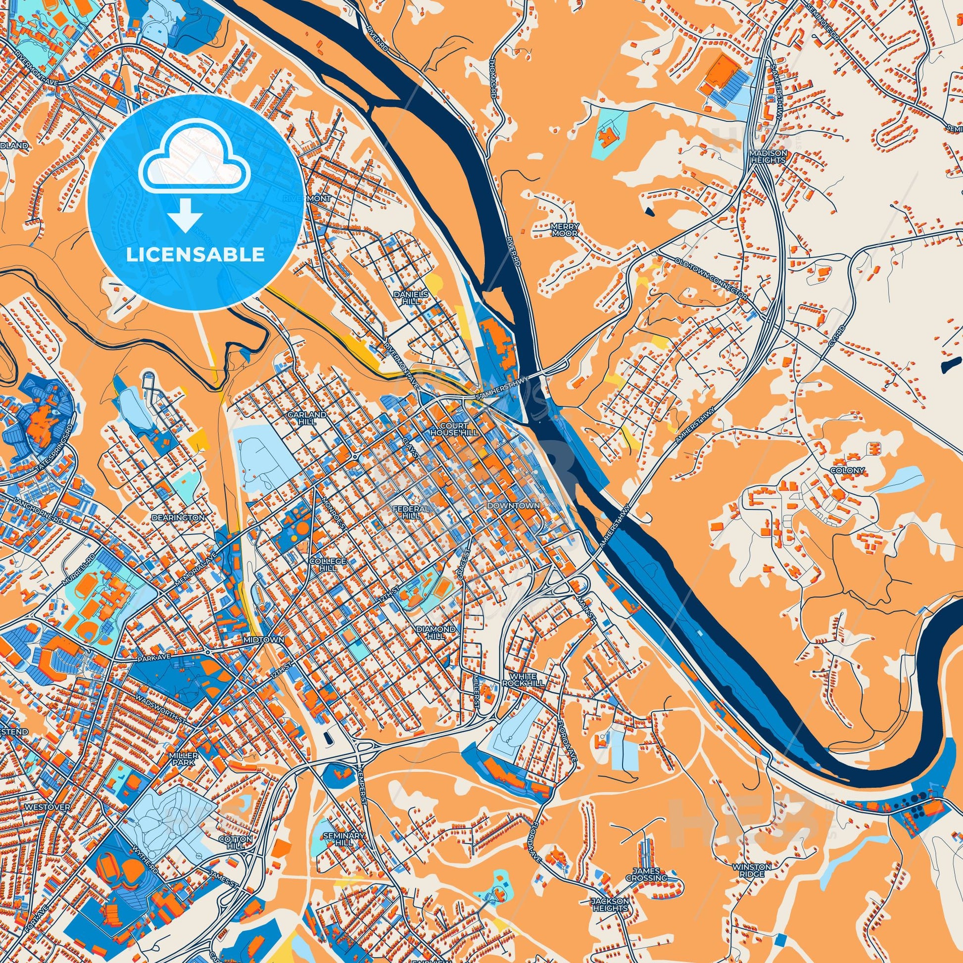 Colorful Lynchburg Street Map with Labels and Buildings