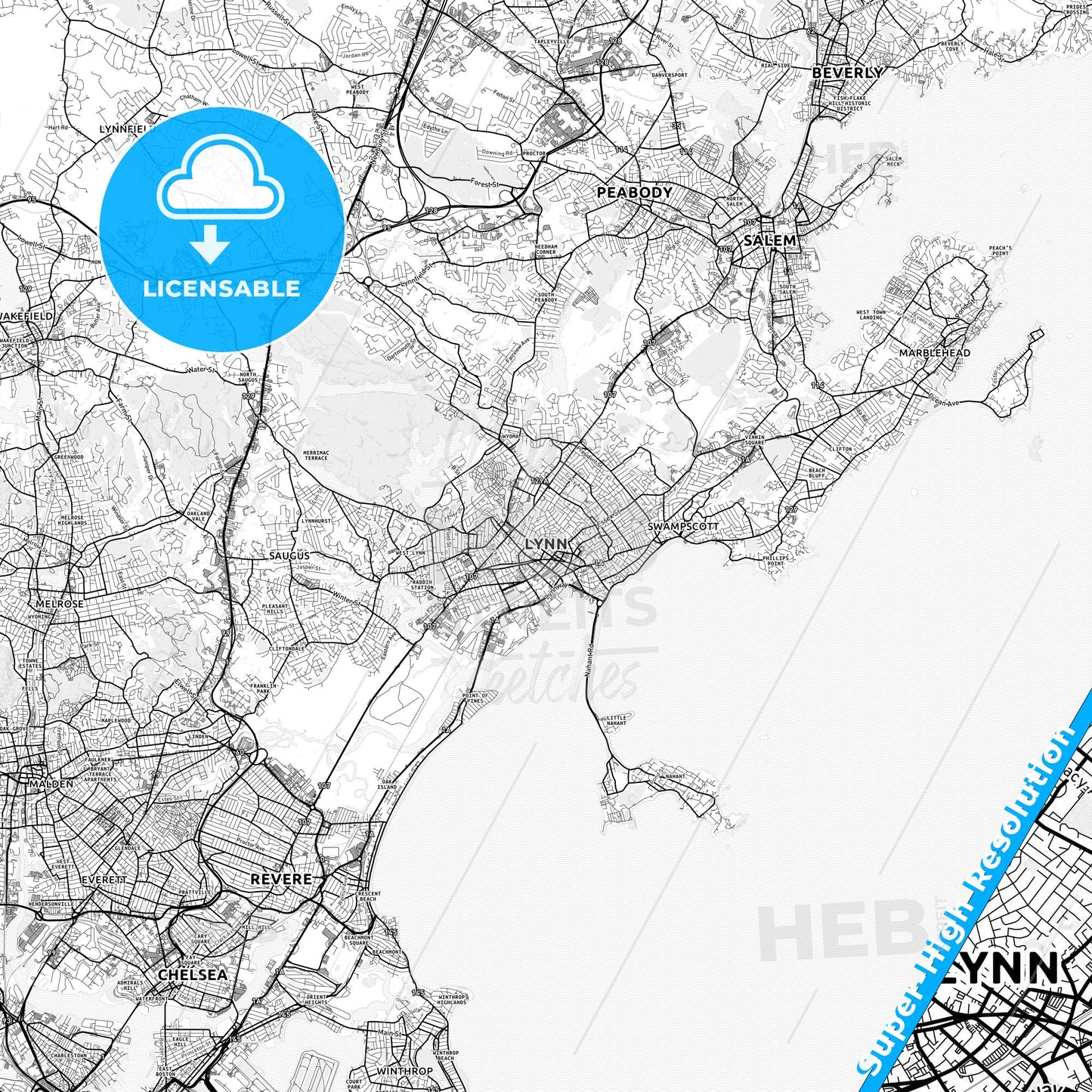 Lynn, Massachusetts light map with streetnames, citynames and districts