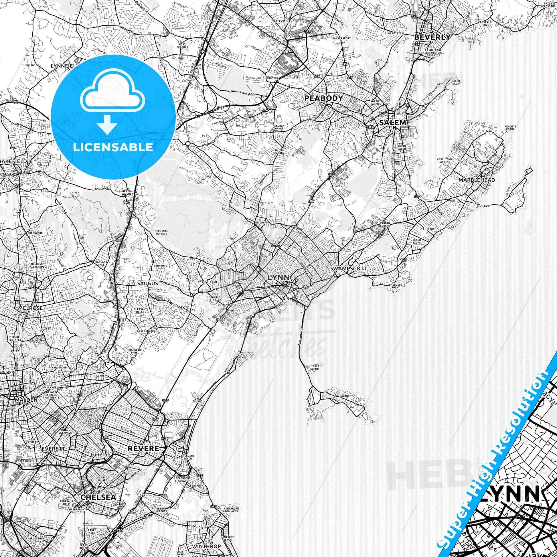 Lynn, Massachusetts light map with streetnames, citynames and districts