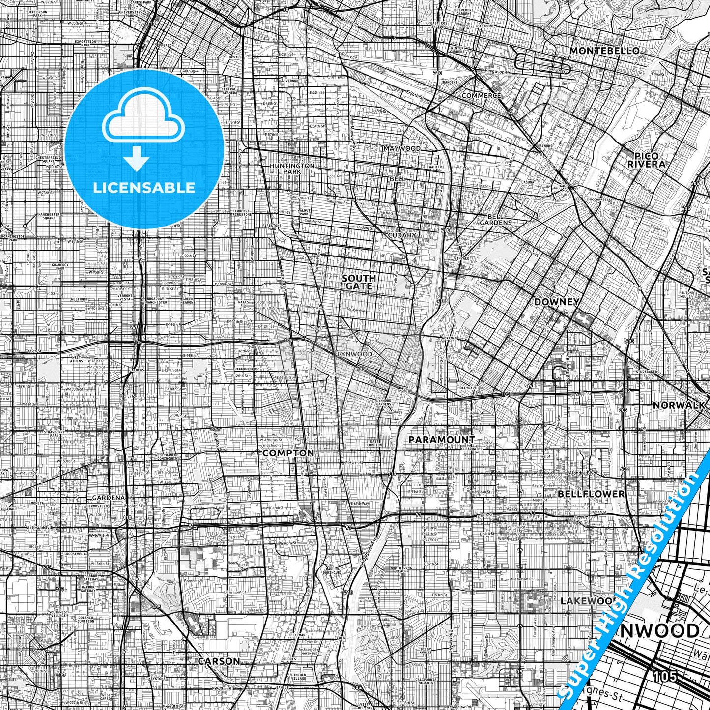 Lynwood, California light map with streetnames, citynames and districts