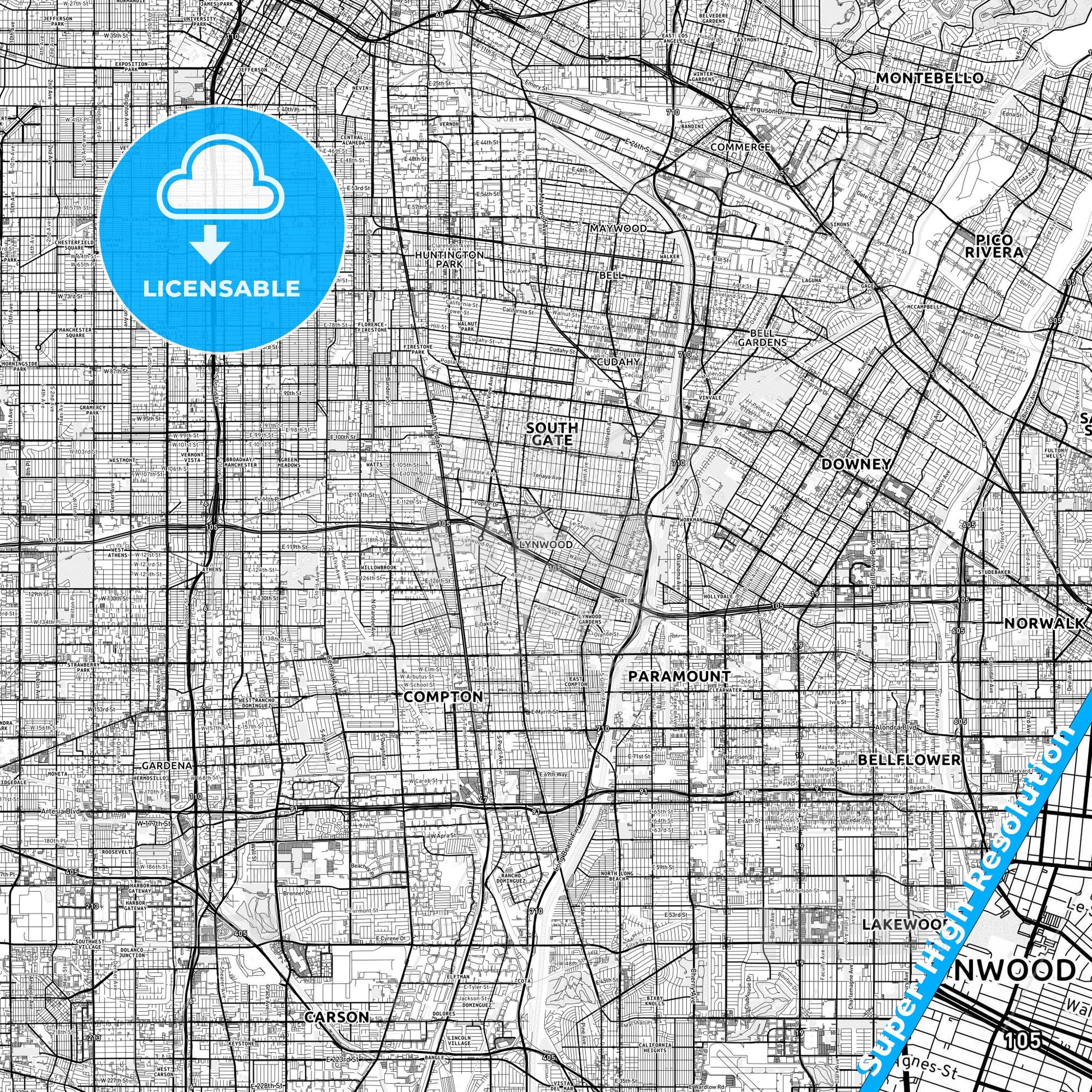 Lynwood, California light map with streetnames, citynames and districts