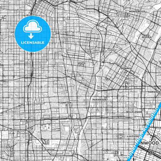 Lynwood, California light map with streetnames, citynames and districts
